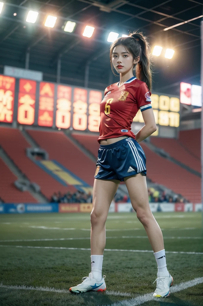 (((best quality))),(((ultra detailed))),(((masterpiece))),illustration,((1 beautiful girl,female footballer,solo)),((small breasts,flat chest)),((slim,thin)),summer night,stadium,crowded stands,enthusiastic spectators,football match,(short ponytail:1.2),(short sleeves:1.2),((Spain team kit,red shirt,blue shorts)),(slender legs:1.2),(football:1.3),fluid movements,powerful,sweat,forehead,exhaustion,passion for football,purposeful running,electric atmosphere,crowd roar,critical juncture,pressure,undeterred,floodlights,luminous glow,long shadows,drama,breathtaking sight,raw passion,unbridled energy,determination,skill,embodiment of sport's spirit,strength,resilience of human spirit,(standing:1.3),(arms behind back:1.2),((from front,full body))