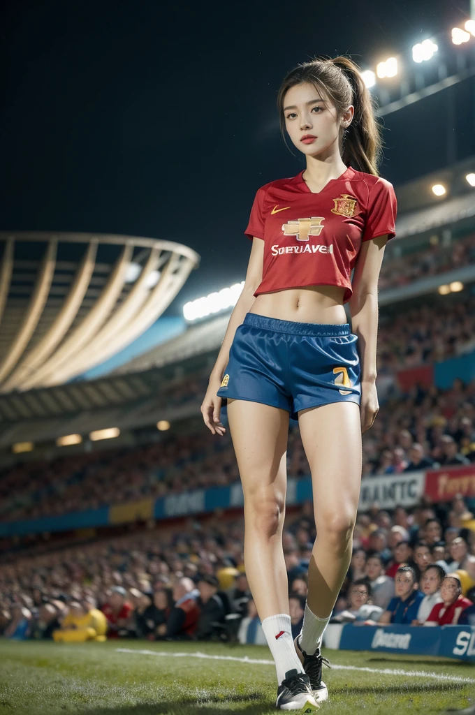 (((best quality))),(((ultra detailed))),(((masterpiece))),illustration,((1 beautiful girl,female footballer,solo)),((small breasts,flat chest)),((slim,thin)),summer night,stadium,crowded stands,enthusiastic spectators,football match,(short ponytail:1.2),(short sleeves:1.2),((Spain team kit,red shirt,blue shorts)),(slender legs:1.2),(football:1.3),fluid movements,powerful,sweat,forehead,exhaustion,passion for football,purposeful running,electric atmosphere,crowd roar,critical juncture,pressure,undeterred,floodlights,luminous glow,long shadows,drama,breathtaking sight,raw passion,unbridled energy,determination,skill,embodiment of sport's spirit,strength,resilience of human spirit,(standing:1.3),(arms behind back:1.2),((from front,full body))