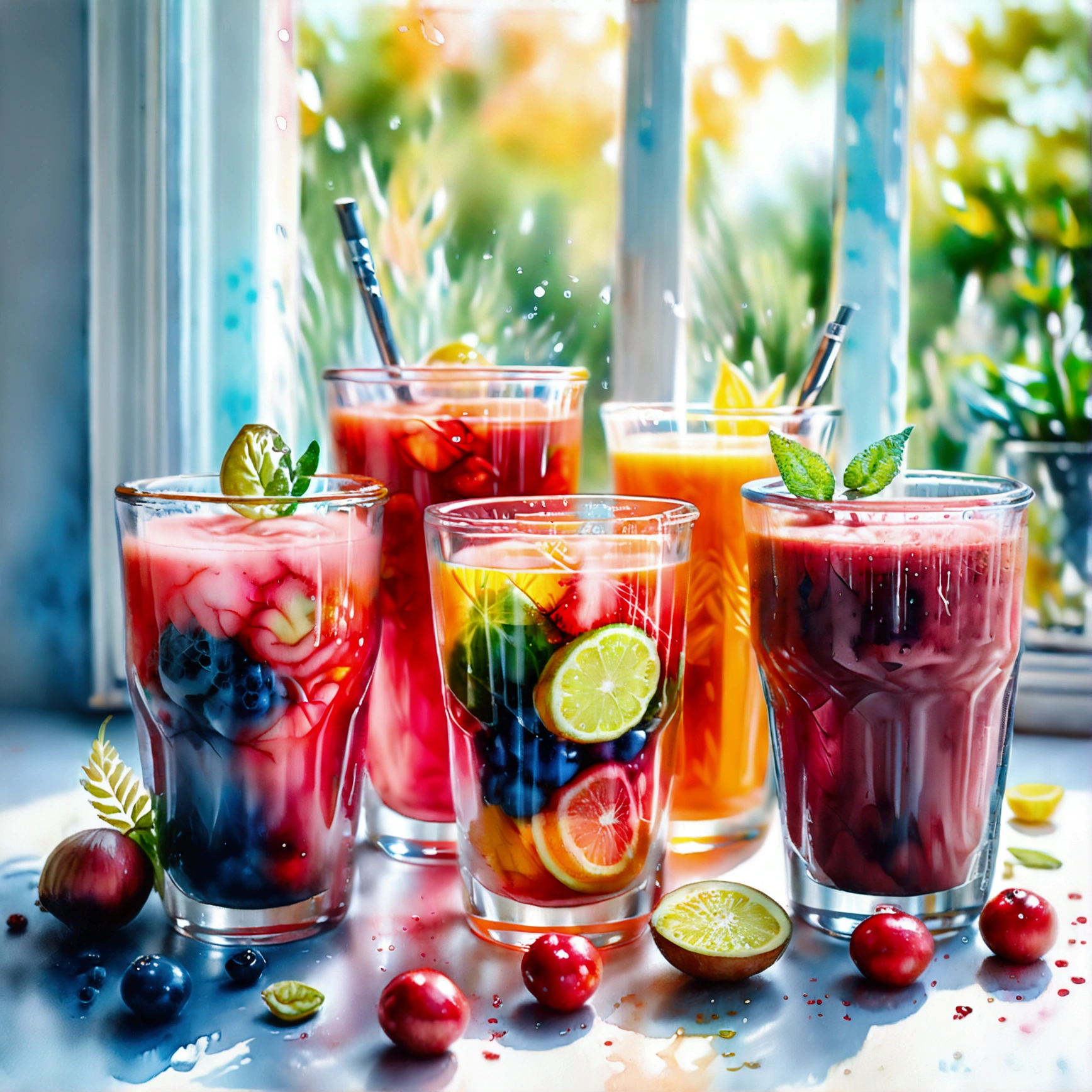 there are many types of colorful healthy drinks served in glasses, the glasses sitting on a surface, juices, smoothie, illustration, isolated with solid white background, surrounded with negative space, centered composition, highest detailed painting, very precise line, Isolated, clear solid white background, perspective angle of view, ((watercolor:1.5)), (lora:add-detail-xl:1), (masterpiece), (best quality), no bread on the floor, washed out color, (ghibli)