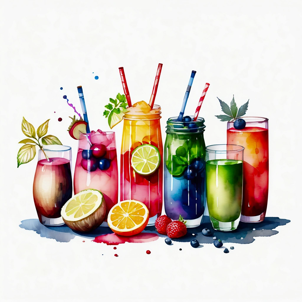 there are many types of colorful healthy drinks served in glasses, the glasses sitting on a surface, juices, smoothie, illustration, isolated with solid white background, surrounded with negative space, centered composition, highest detailed painting, very precise line, Isolated, clear solid white background, perspective angle of view, ((watercolor:1.5)), (lora:add-detail-xl:1), (masterpiece), (best quality), no bread on the floor, washed out color, (ghibli)