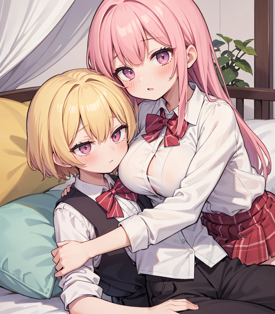 masterpiece, Highest quality, so beautiful, absurdists,High resolution,One girl, One boy,Cuddling in bed, like,sexly,Look at each one, blush,Age difference,bow tie,blondes,chest,Long Hair,Pink Hair,Tucked in shirt,short hair,skirt,Tent shirt,Slut,Big breasted sister and brother,Siblings, trousers,Pushing her big tits against her brother,(My brother&#39;s small erect penis),((((姉のvery huge breasts,Sister crushes her big tits in her brother&#39;s face)))),(((((Very huge breasts))))),(((((small penis,NSFW,Soft Very HUGE breasts))))),((Bursting Breasts,弟の顔を隠すHuge breasts)),((((((((Huge breasts,Large Breasts,とてもLarge Breasts、すごくLarge Breasts、とてつもなくLarge Breasts)))))))),Two people gazing at each other,puffy nipples,(Face crushed by boobs,Huge breastsを弟の体に乗せる,Covering her mouth with her ,Breasts covering the face)),((huge breasts))