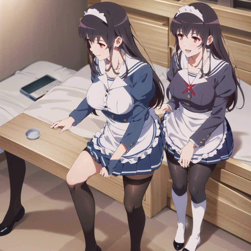 (((Tabletop, Highest quality, High resolution, Pixel perfect, Depth of written boundary, 4K, Pixel Perfect, Perfect in every detail,nsfw,,clothes lift,beautiful red eyes,large breasts,light smile,dpubic hair,alon,solo focus,clothes lift,1 girl,black thigh-high socks))((((bed room,maid)))),masterpiece, highest quality, High resolution, morning, Long Hair, Black Hair, hair band, , Sailor collar, Blue Blazer, Long sleeve, Pleated skirt, Blue Skirt, Black Pantyhose, standing, smile, Open your mouth,