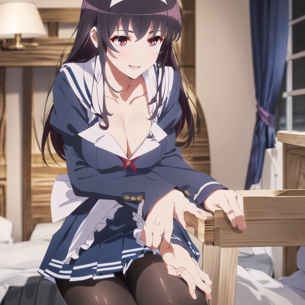 (((Tabletop, Highest quality, High resolution, Pixel perfect, Depth of written boundary, 4K, Pixel Perfect, Perfect in every detail,nsfw,,clothes lift,beautiful red eyes,large breasts,light smile,dpubic hair,alon,solo focus,clothes lift,1 girl,black thigh-high socks))((((bed room,maid)))),masterpiece, highest quality, High resolution, morning, Long Hair, Black Hair, hair band, , Sailor collar, Blue Blazer, Long sleeve, Pleated skirt, Blue Skirt, Black Pantyhose, standing, smile, Open your mouth,