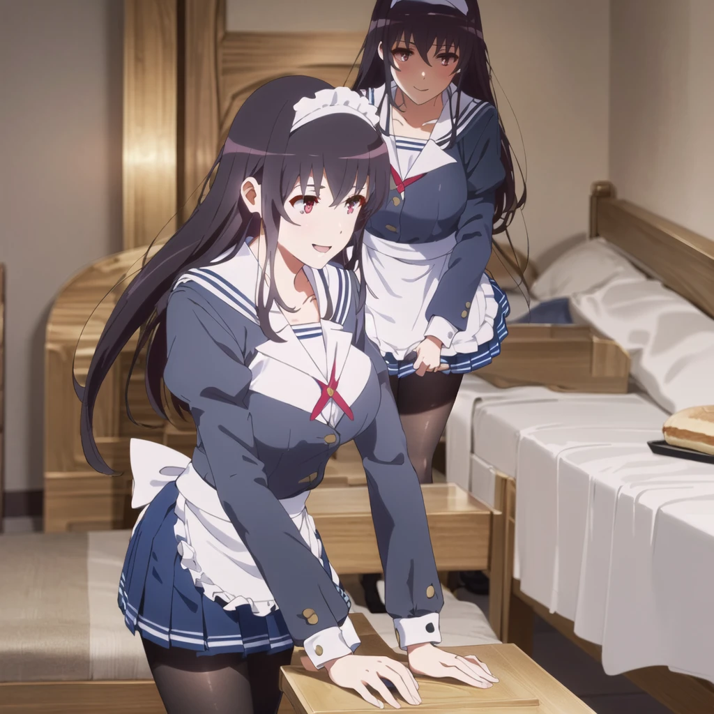 (((Tabletop, Highest quality, High resolution, Pixel perfect, Depth of written boundary, 4K, Pixel Perfect, Perfect in every detail,nsfw,,clothes lift,beautiful red eyes,large breasts,light smile,dpubic hair,alon,solo focus,clothes lift,1 girl,black thigh-high socks))((((bed room,maid)))),masterpiece, highest quality, High resolution, morning, Long Hair, Black Hair, hair band, , Sailor collar, Blue Blazer, Long sleeve, Pleated skirt, Blue Skirt, Black Pantyhose, standing, smile, Open your mouth,