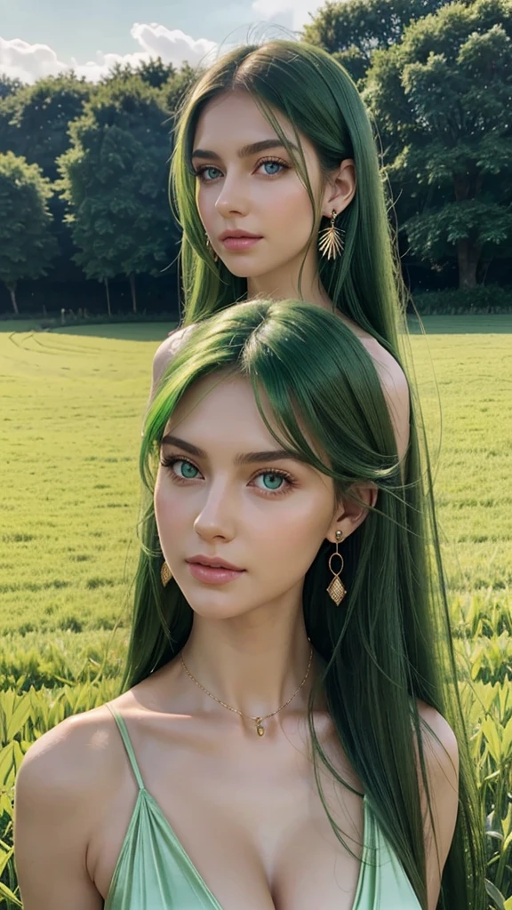 portrait, a European woman, Extremely detailed face, Oval face, White skin, green eyes, gentle eyes, extremely attractive appearance, long hair, straight hairstyle, green hair color, earring, collarbones, exposing shoulders, green silk halter dress, big breasts, big body , Charming expressions , Elegant standing posture, in green fields
