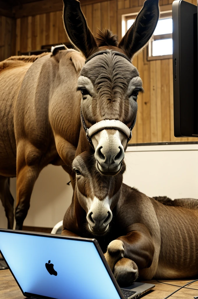 Female donkey wrighting on a computer