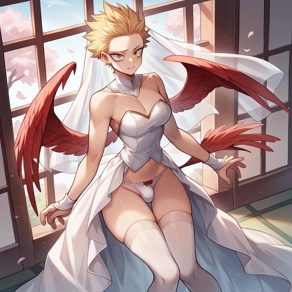 [1],only, chico submissive delicate, gay blonde, slicked back hair with two front strands, gold eyes, red bird wings on its back, fine ranges, delicate, submissive, curves thighs, small waist, delicate hands, Clothes:  revealing wedding dress, showing thighs, long stockings above the knees, white panties, veil on her head, submissive appearance, scenery: Huge room, large windows, white cherry blossoms, Hawks, Boku no hero academia 