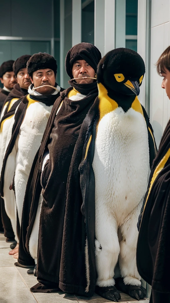 Many king emperor penguins waiting in a line to use a toilet with human expressions