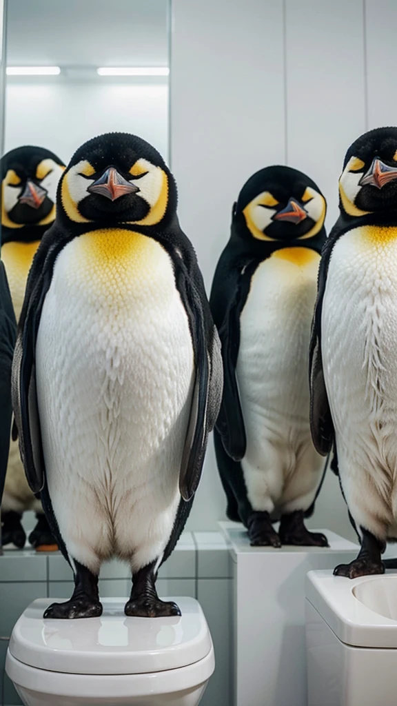 Many king emperor penguins waiting in a line to use a toilet with human expressions
