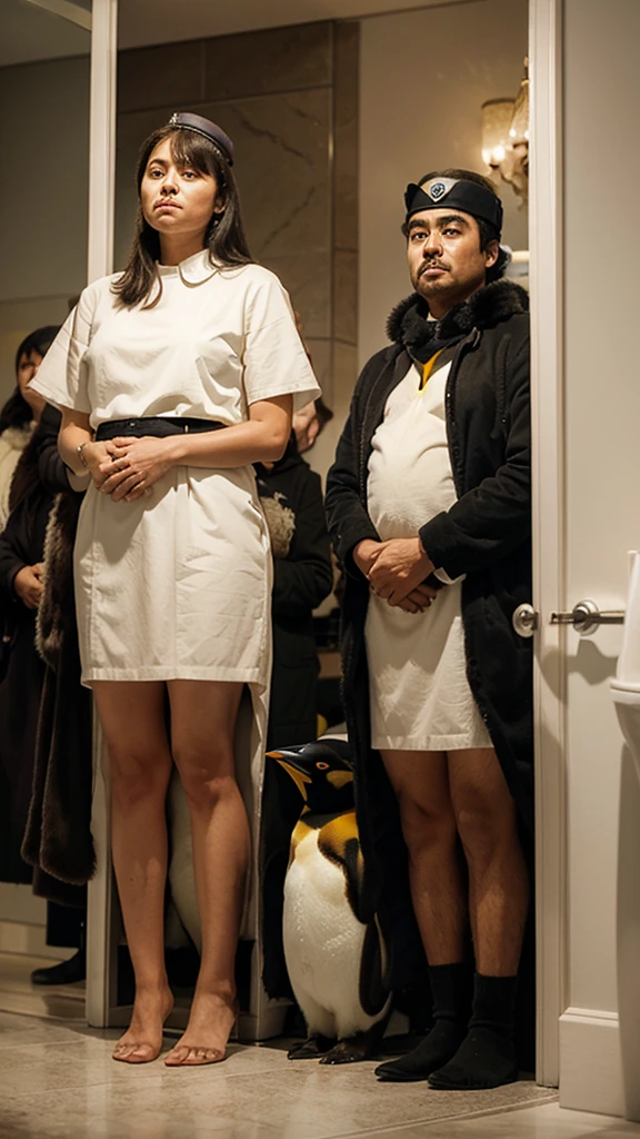 Many king emperor penguins waiting in a line to use a toilet with human expressions