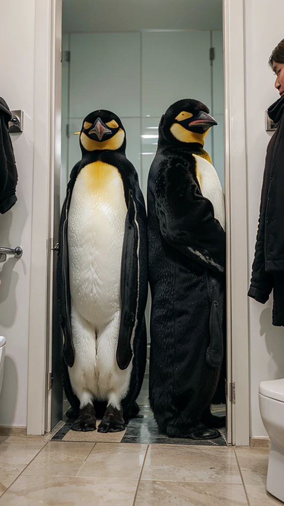 Many king emperor penguins waiting in a line to use a toilet with human expressions 