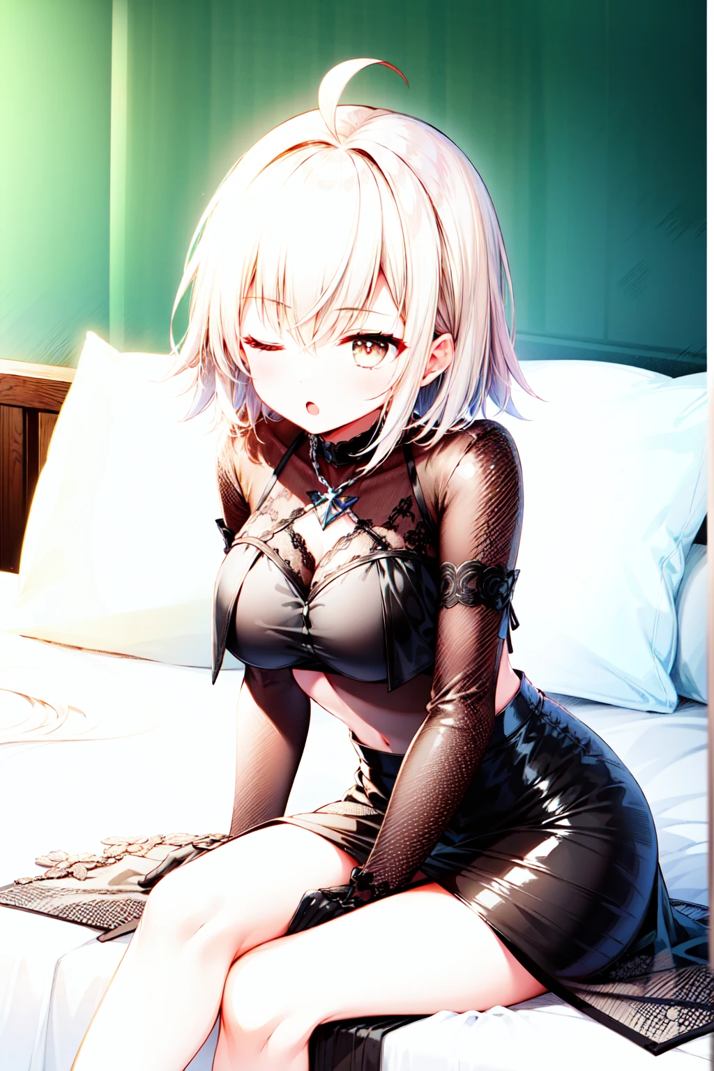 1girl,masterclass,best quality, illustration, solo, A1st, DefaultOutfit, ;o, one eyes closed,on bed,blush,breasts,sitting, crossed legs