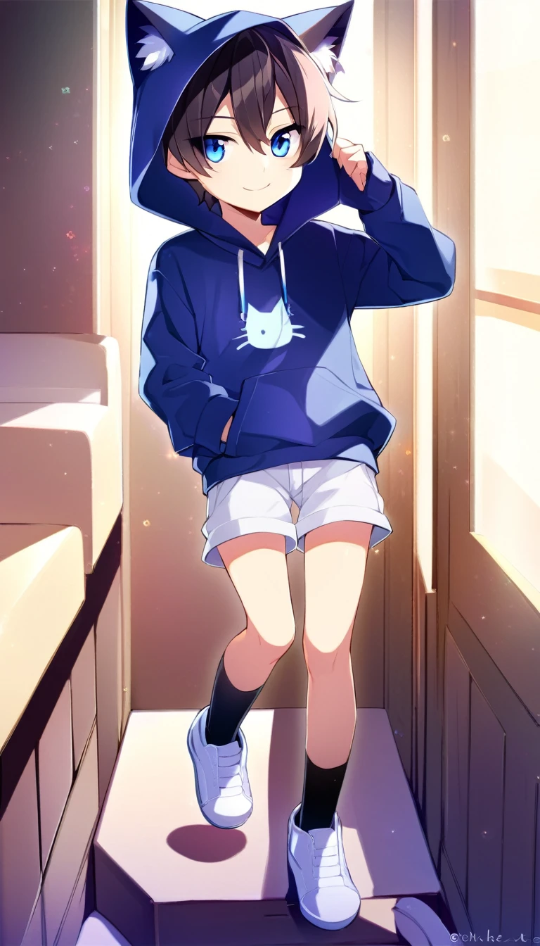 oe boy, cat hoodie, cute, cool, lovely, naive, short pants, look at me, handsome, shota, light blue eyes, smile