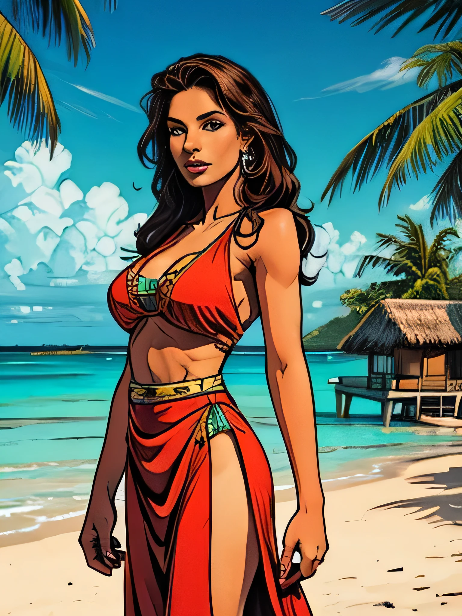 Taino-Spanish woman with traditional clothing and in the background a Caribbean island with traditional Bahama houses.