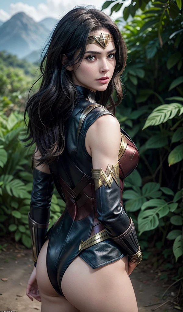 Wonder Woman in dark leather suit, perfect anatomy, upturned buttock, dark jungle in the background