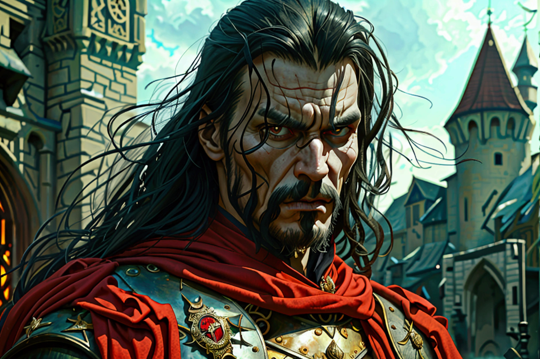 a detailed portrait of Vlad the Impaler, sinister and brooding expression, intense gaze, sharp features, regal clothing, dark medieval castle background, dramatic lighting, chiaroscuro effects, gothic horror atmosphere, moody and atmospheric, digital painting, hyper detailed, cinematic, award winning