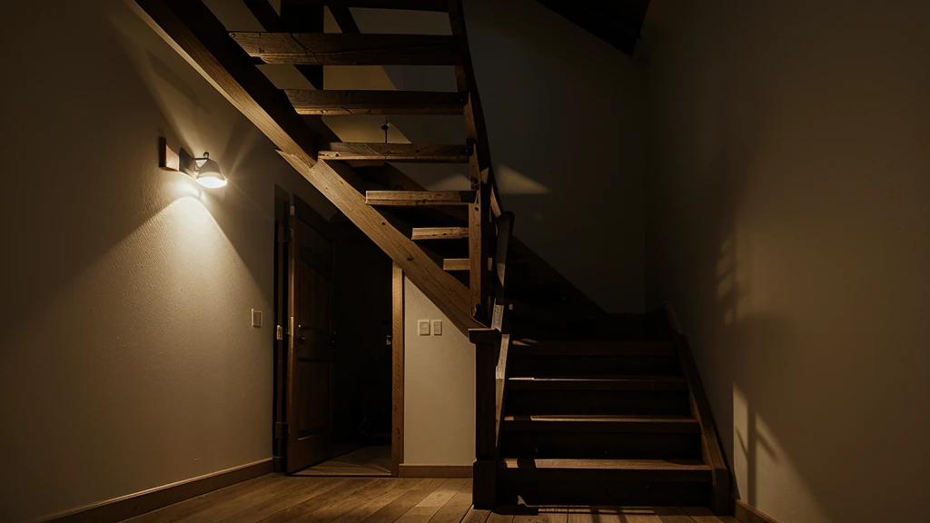 A steep, narrow staircase leading up to the attic in dark.