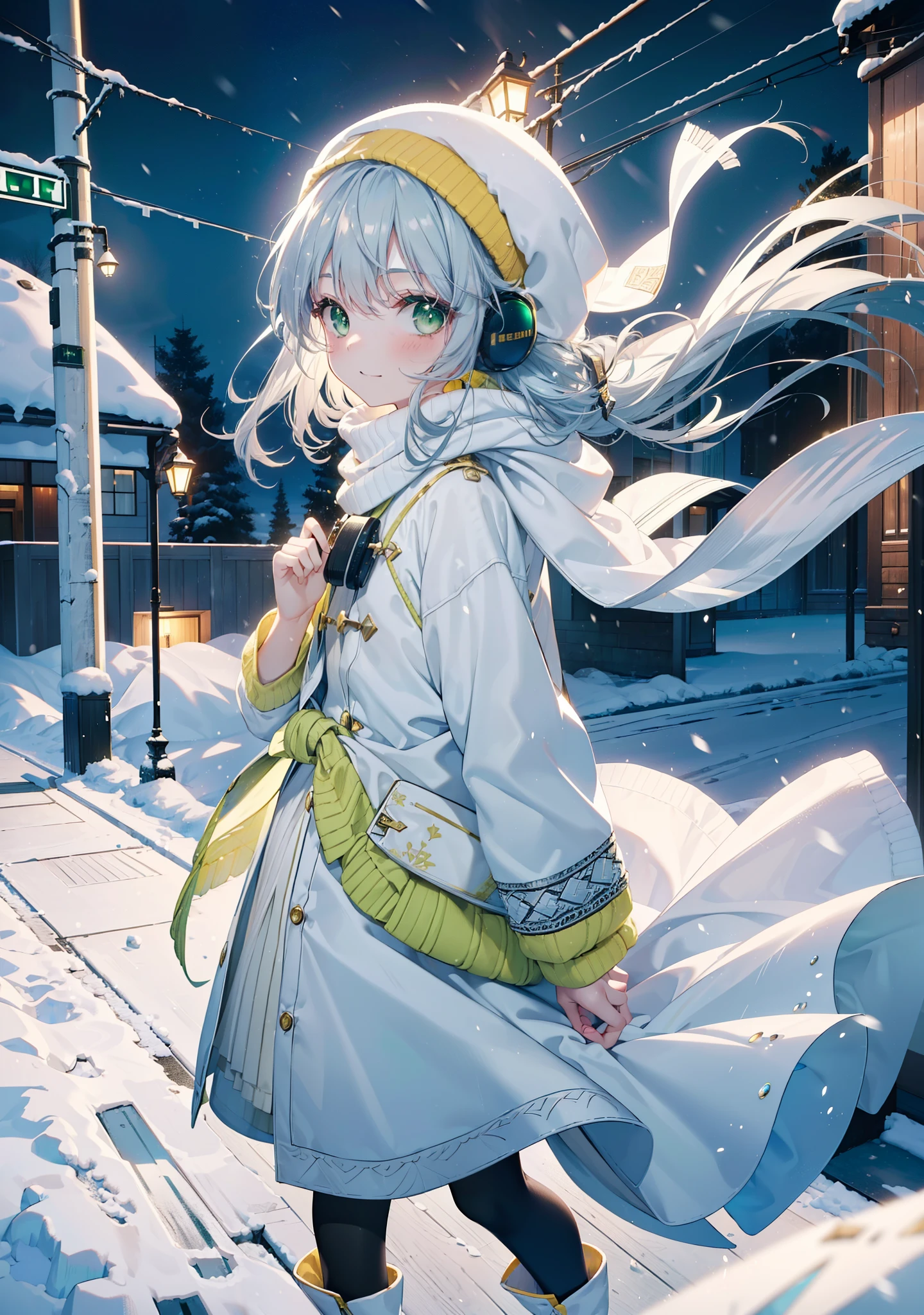 index, index, (Green Eyes:1.5), Silver Hair, Long Hair, (Flat Chest:1.2),happy smile, smile, Open your mouth,Knitted hat,Yellow long coat,White Tokkuri Sweater,Earmuffs,White scarf,Black long skirt,Black pantyhose,short boots,Walking,Snow is piled up,It's snowing,Snow Scene,Shirogane World,night,moonlight,Let the world enter your illustrations,
break looking at viewer, whole body,
break outdoors, Snow Country,Residential Street,
break (masterpiece:1.2), Highest quality, High resolution, unity 8k wallpaper, (figure:0.8), (Beautiful attention to detail:1.6), Highly detailed face, Perfect lighting, Highly detailed CG, (Perfect hands, Perfect Anatomy),