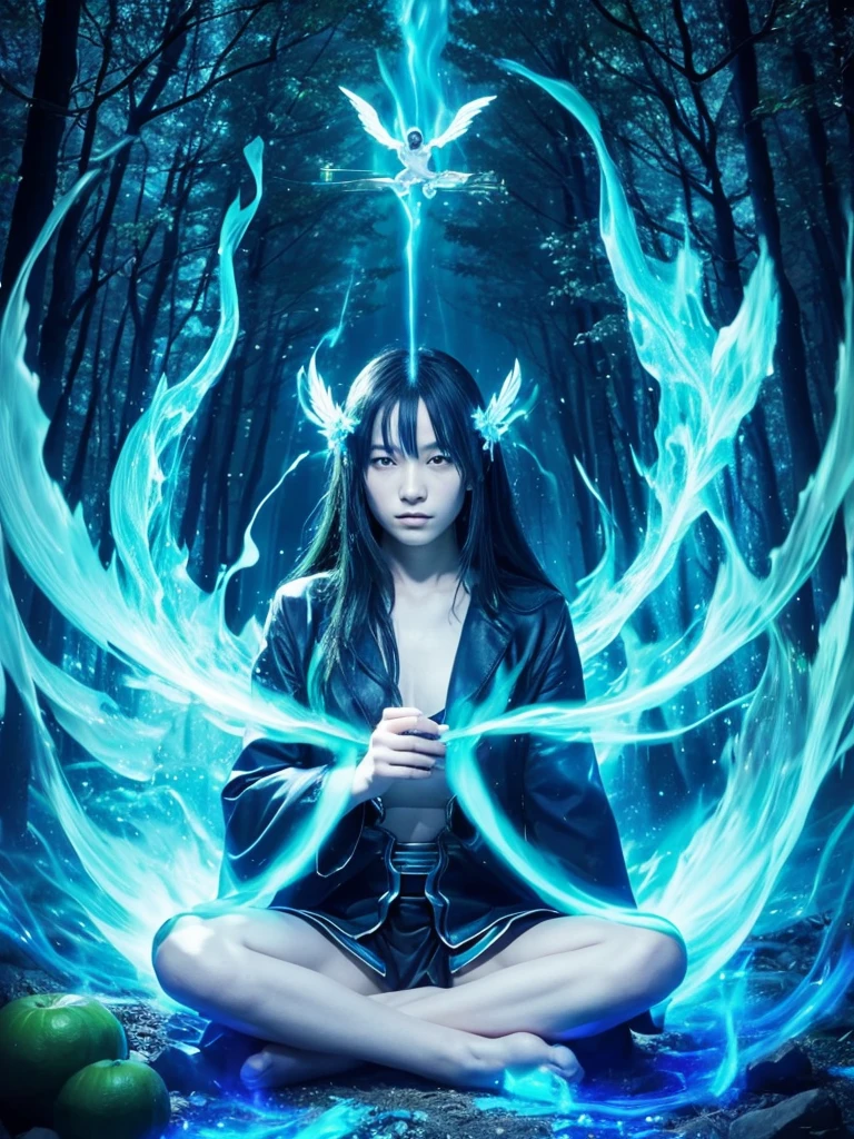 gin、Green Demon、Blue Flame、Blue Fire、sitting cross-legged、sitting cross-leggedで座る、Floating in the air、forest、Late Night、Apparition、mysterious、spirit、Illusion、Looking this way、Copyright circumvention、male、Young people、