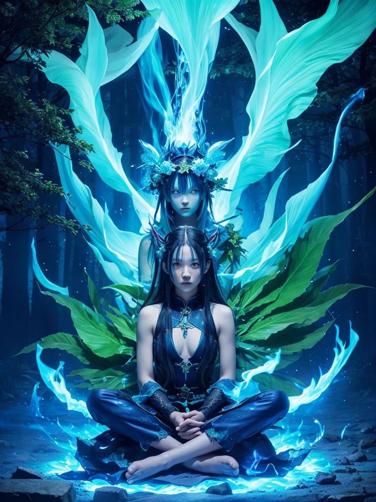 gin、Green Demon、Blue Flame、Blue Fire、sitting cross-legged、sitting cross-leggedで座る、Floating in the air、forest、Late Night、Apparition、mysterious、spirit、Illusion、Looking this way、Copyright circumvention、male、Young people、