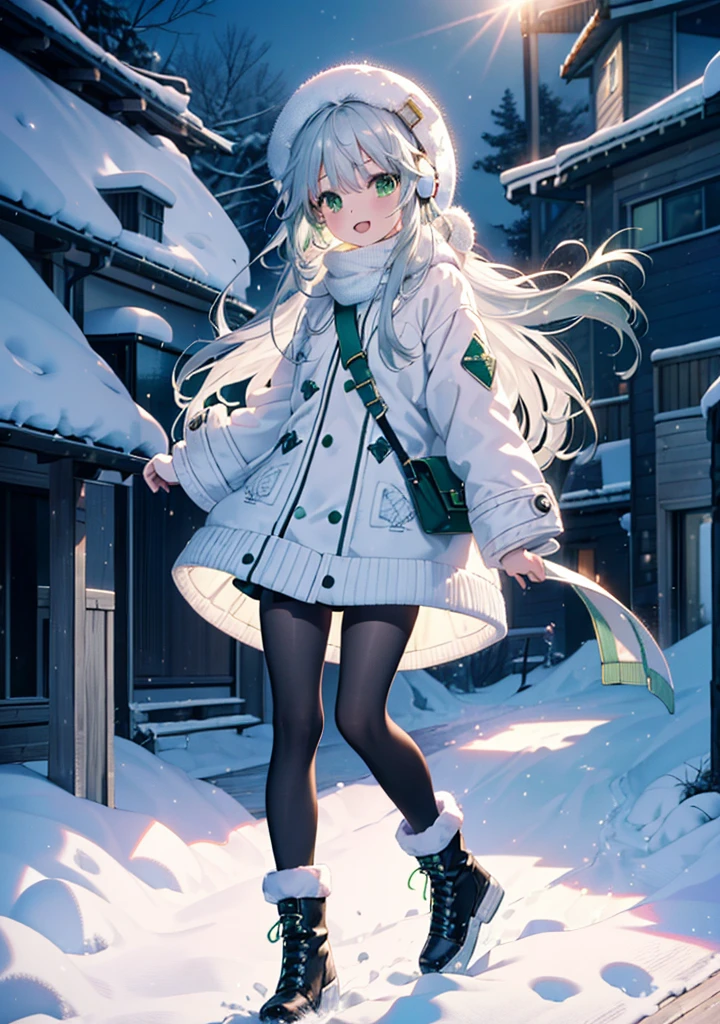 index, index, (Green Eyes:1.5), Silver Hair, Long Hair, (Flat Chest:1.2),happy smile, smile, Open your mouth,Knitted hat,Yellow long coat,White Tokkuri Sweater,Earmuffs,White scarf,Black long skirt,Black pantyhose,short boots,Walking,Snow is piled up,It&#39;s snowing,Snow Scene,Shirogane World,night,moonlight,Let the world enter your illustrations,
break looking at viewer, whole body,
break outdoors, Snow Country,Residential Street,
break (masterpiece:1.2), Highest quality, High resolution, unity 8k wallpaper, (figure:0.8), (Beautiful attention to detail:1.6), Highly detailed face, Perfect lighting, Highly detailed CG, (Perfect hands, Perfect Anatomy),