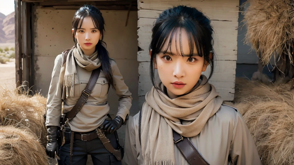 sexy, small breast, gloves, serious face, black cargo pants, shooting, assault rifle, desert scarf, scarf covering mouth, desert oasis, extremely detailed eyes, extremely detailed face, best quality, extremely detailed, one person, one girl, ultra-detailed, (realistic, photo-realistic:1.3)