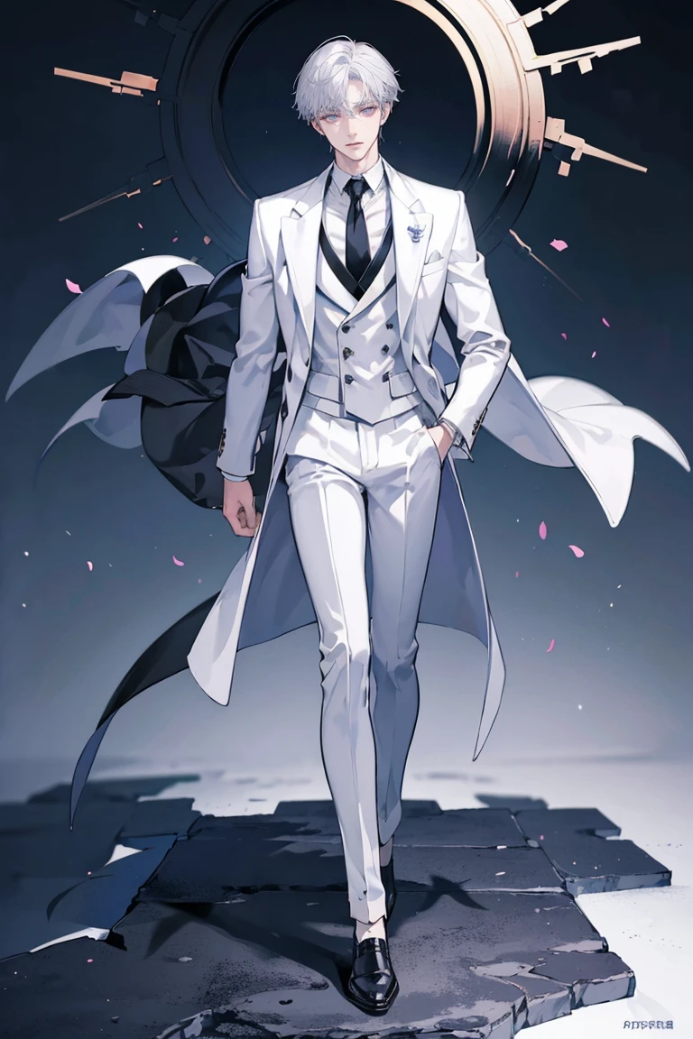 (masterpiece), best quality, seductive eyes, perfect face, handsome man, purple eyes, middle part haircut, short length white hair, black coat, grey suit, black necktie, full body, long legs, anime cover, 1boy, cross ear rings, hands in pockets, adult-like look