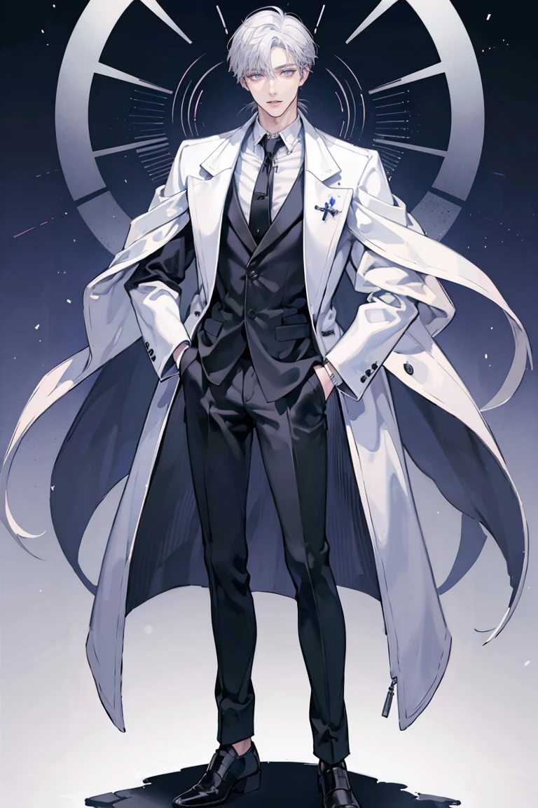 (masterpiece), best quality, seductive eyes, perfect face, handsome man, purple eyes, middle part haircut, short length white hair, black coat, grey suit, black necktie, full body, long legs, anime cover, 1boy, cross ear rings, hands in pockets, adult-like look 
