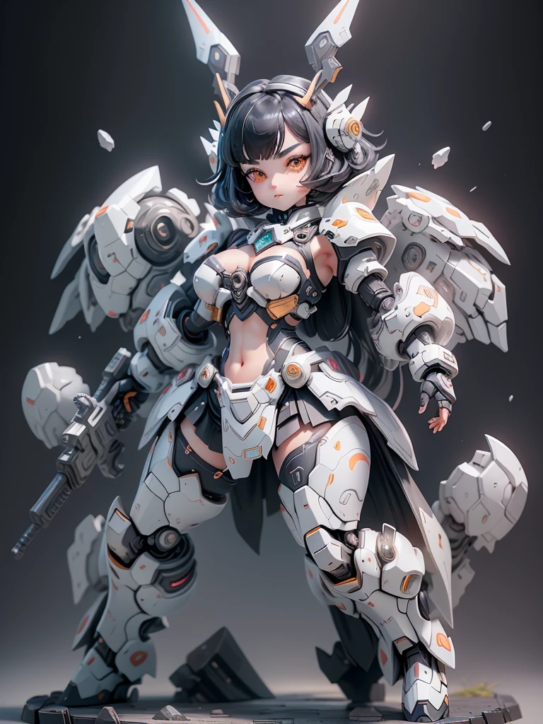 1 girl, Little, Dopamine Color Matching, Double Diamond, white theme, Luxurious fabrics, dither, far-reaching, She is fused with futuristic Gundam mecha, Gundam style, with headgear, with v-fin , visible cleavage, visible stomach, visible waist,, visible thighs, armored shoulders,armored under arms, armored under legs, 2 thruster modules attached on back, holding weapon, holding huge weapon, holding Very large shield, (full body pose:1.5),(bob cut:1.3), black hair, thick eyebrows, light colored iris, big, shining black eyes, long eyelashes, small, pale natural lips, (Average face of Japanese idols), wide forehead:1.2, plump cheeks, small chin, visible side boob,