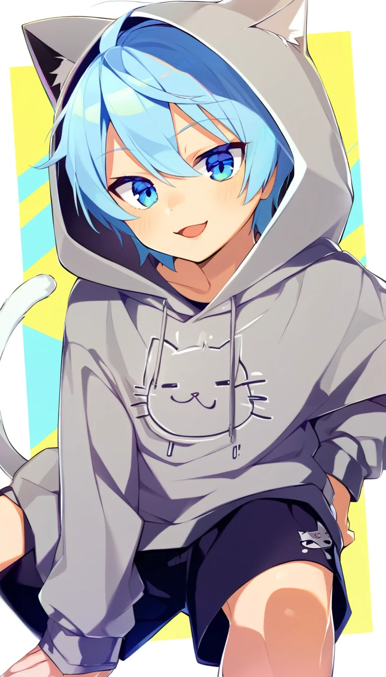 oe boy, cat hoodie, cute, cool, lovely, naive, short pants, look at me, handsome, shota, light blue eyes, smile, cowboy shota