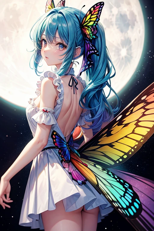 A girl with rainbow-colored butterfly wings growing from her back,moon,巻きhair,anime,hair_Money,eye_green,White Dress