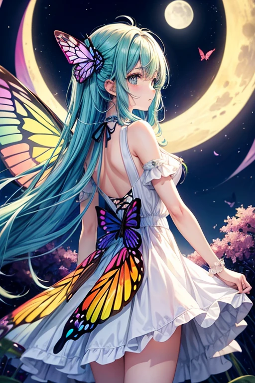 A girl with rainbow-colored butterfly wings growing from her back,moon,巻きhair,anime,hair_Money,eye_green,White Dress