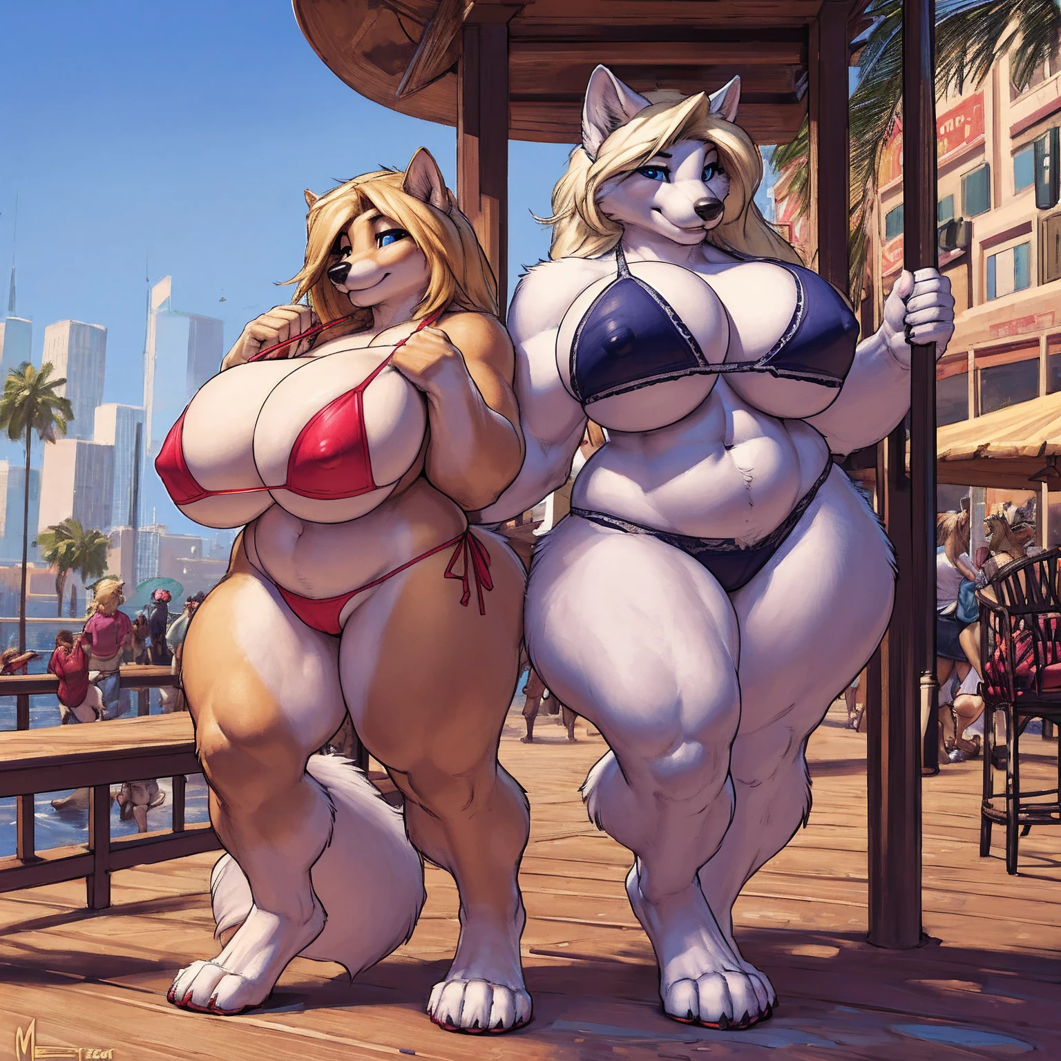 by darkgem, by meesh, by gideon, by BNG, (identical twins:1.3), two girls, hugging, curvy, arctic fox, white fur, female, athletic figure, furry body, hyper hips, thick thighs, big arms, accurate hands, (large breasts:1.1), heavy breasts, nipple outline, blue eyes, detailed eyes, blonde hair, long hair,young, , cleavage, large areolae, micro bikini, Masterpiece, best quality, absurd res, highly detailed, cleanly drawn eyes, anthro only, (detailed background:1.2), (detailed figures in background:1.2), boardwalk, los angeles, summer, bright day, standing upright, bare paws, digitigrade,