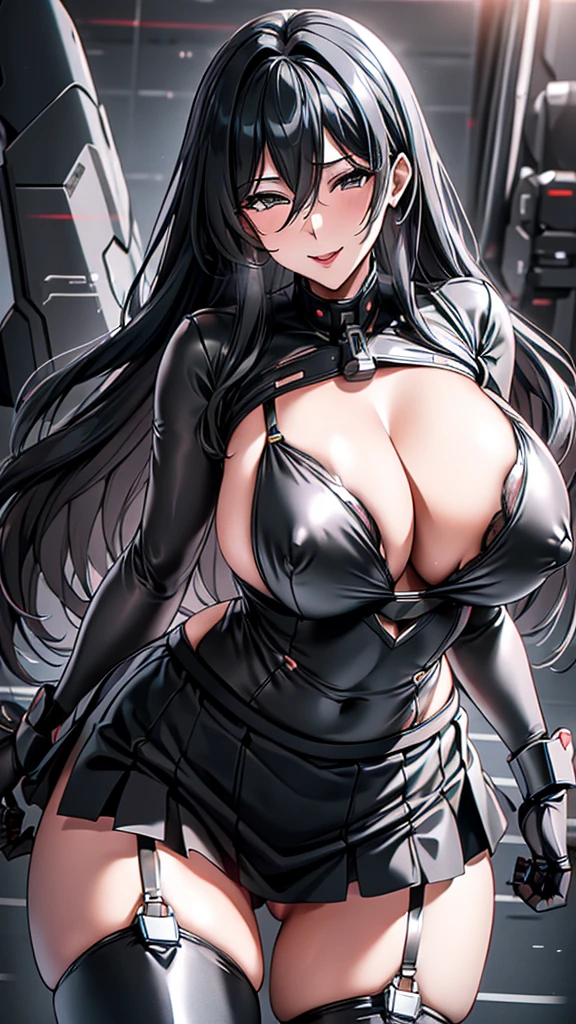 Dark gray translucent mecha，long black hair，wavy hairstyle，Huge breasts，Cleavage，Pistol hanging from waist，fighter pilot，fighter hangar，Sexy，Lipstick，Gray eyes，stockings，Short skirt，Smile，earrings，Lipstick，Nipple exposure，Plump body，Big Ass