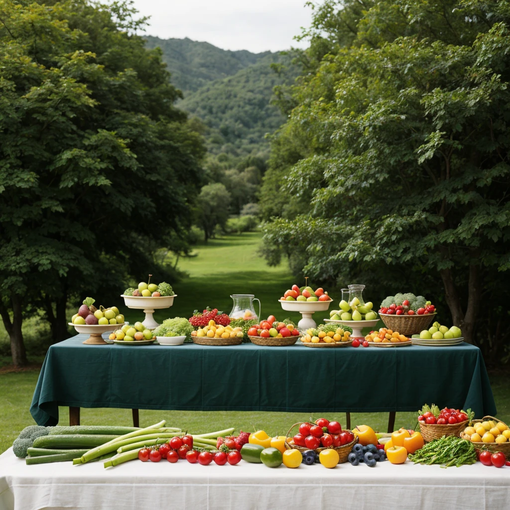 The background is a pastoral blur,The table is filled with fruits and vegetables that take up a quarter of the image.,Leave space in the middle of the table,blur background