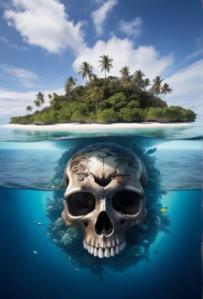 (((from below)))an island in the middle of the sea in the shape of a skull, some of which are under the sea