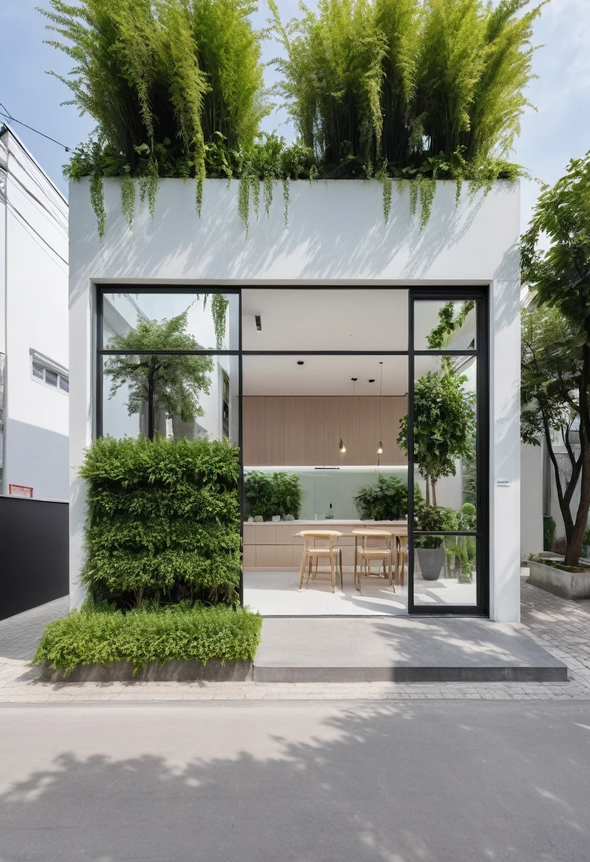 A modern one-story house with a small furniture showroom, with a facade less than 5 meters wide. The design includes large glass windows and doors, vertical display shelves, large mirrors, and well-placed lighting inside the showroom. The exterior features white and pastel tones with integrated green plants. The house is located on a street corner with a sidewalk and trees, providing a welcoming atmosphere. The showroom layout is organized for easy movement and optimal product visibility, and the roof is covered with green plants.
