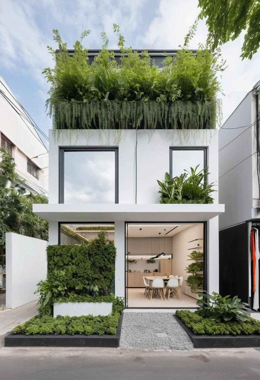 A modern one-story house with a small furniture showroom, with a facade less than 5 meters wide. The design includes large glass windows and doors, vertical display shelves, large mirrors, and well-placed lighting inside the showroom. The exterior features white and pastel tones with integrated green plants. The house is located on a street corner with a sidewalk and trees, providing a welcoming atmosphere. The showroom layout is organized for easy movement and optimal product visibility, and the roof is covered with green plants.