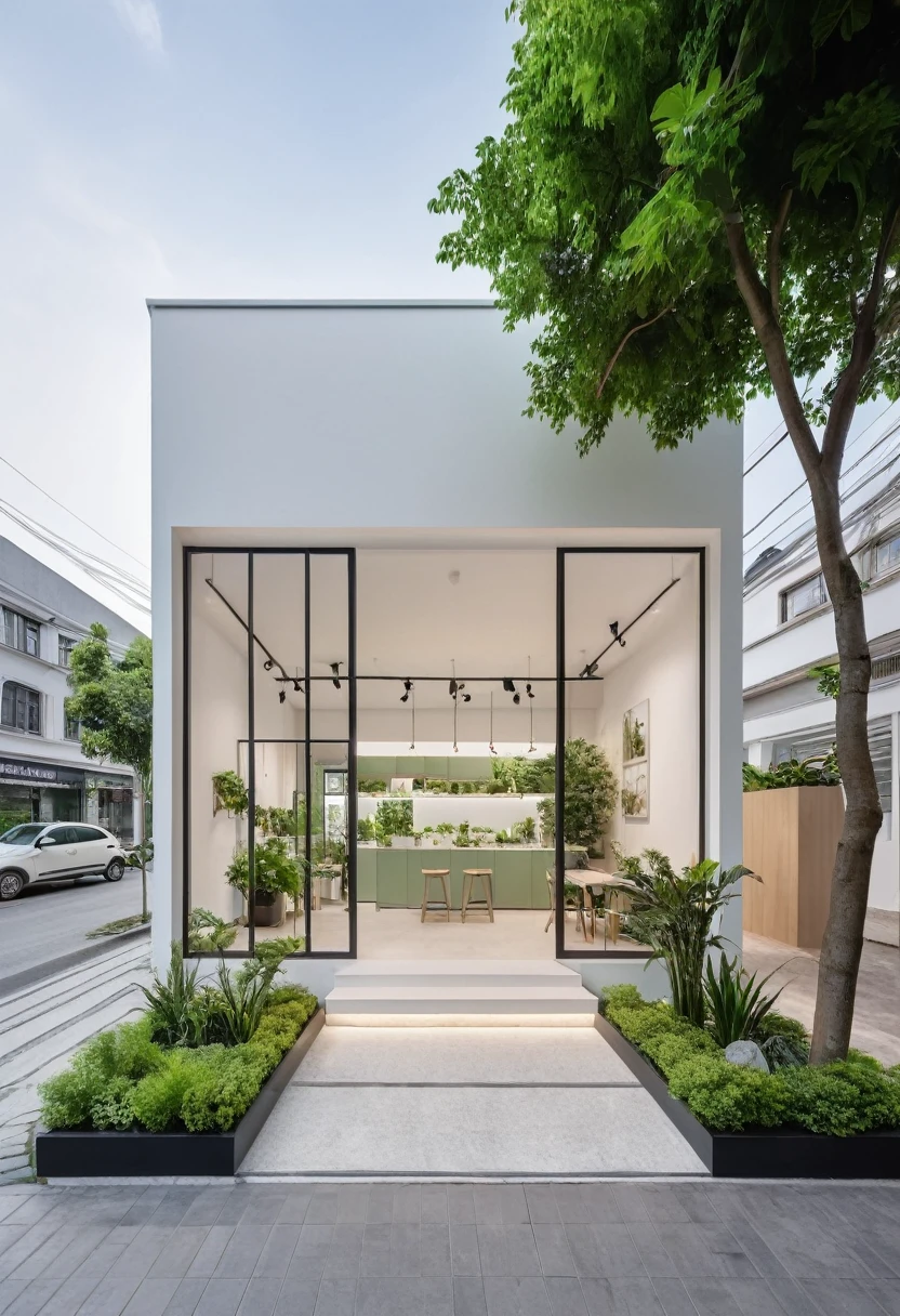 A modern one-story house with a small furniture showroom, with a facade less than 5 meters wide. The design includes large glass windows and doors, vertical display shelves, large mirrors, and well-placed lighting inside the showroom. The exterior features white and pastel tones with integrated green plants. The house is located on a street corner with a sidewalk and trees, providing a welcoming atmosphere. The showroom layout is organized for easy movement and optimal product visibility, and the roof is covered with green plants.