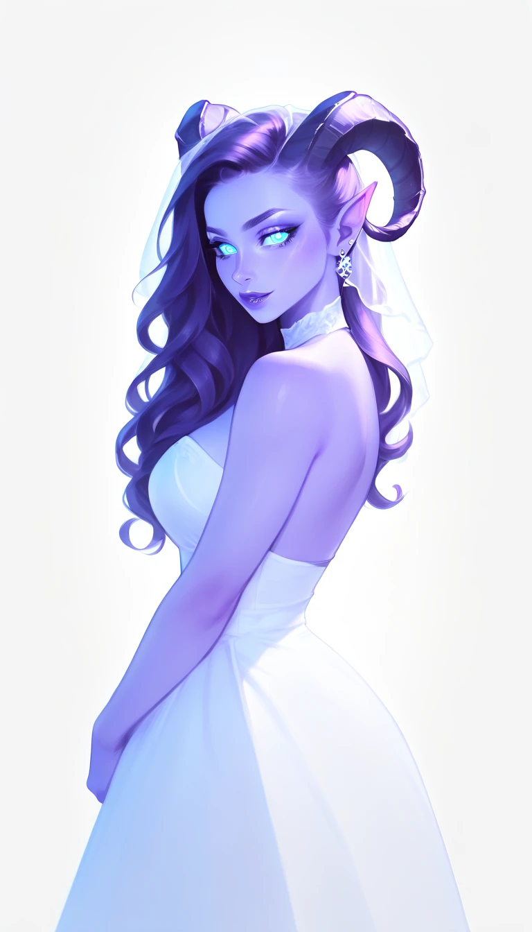 score_9, score_8_up, score_7_up, 1girl, solo,
flowing hair, glowing blue eyes, curved ram horns, sharp ears, purple skin, demoness, stark white background, limited red palette, monochromatic, eerie atmosphere,
(light wedding dress), seductive,