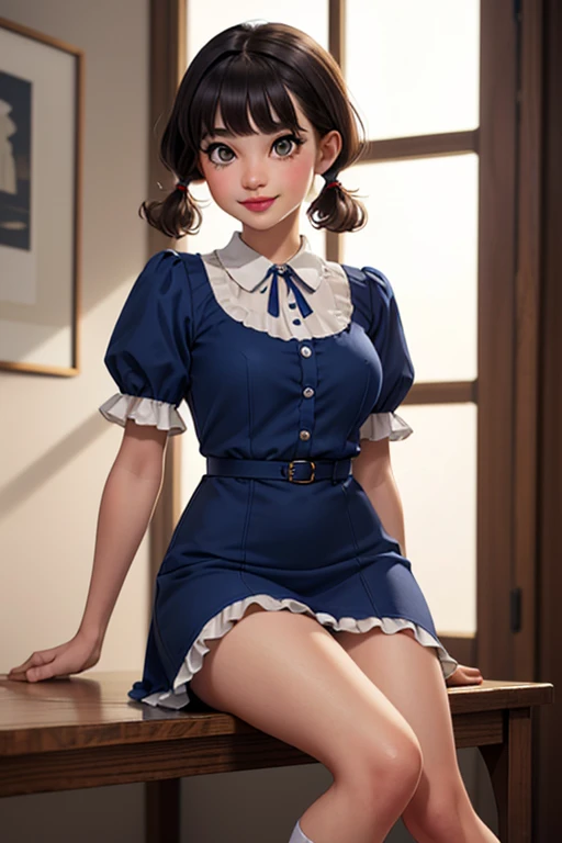 wide shot, ((best quality)), ((highly detailed)), masterpiece, (detailed eyes, deep eyes), (1girl), dynamic angle, cowboy shot,Lucy, woman, smile, ((short black hair )), ((brown eyes)),firm breasts, realistic proportions,lipstick, subtly visible breasts, day lighting, ((petite body)), ((short royal blue collared 1950's a-line dress, ruffled hem)), sitting on table, high heels, short dress, puffy sleeves, short ((low tied pigtails)),, 50's style bangs, german woman, saddle shoes, ankle socks,(( curly bobcut hair)), exposed breasts