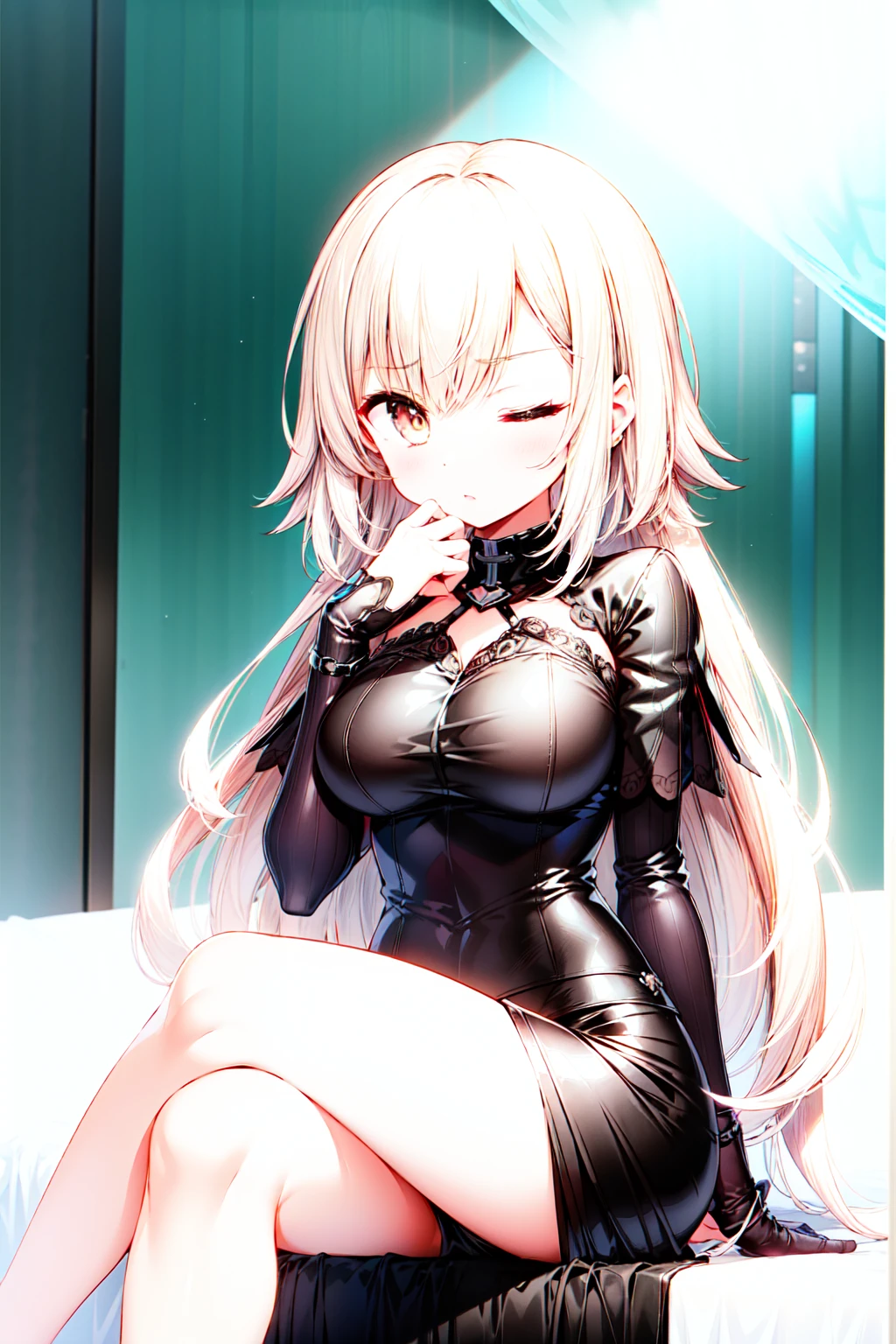 1girl,masterclass,best quality, illustration, solo, A1st, DefaultOutfit, ;(, one eyes closed,on bed,blush,breasts,sitting, crossed legs