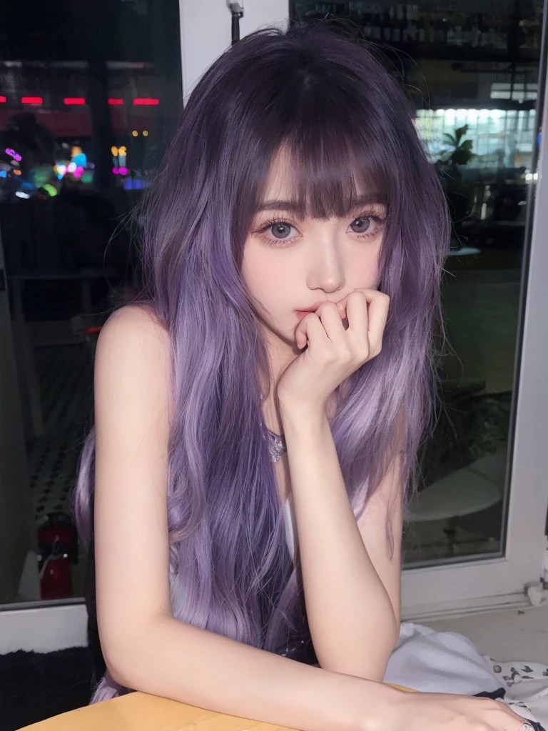 Purple long curly hair,Natural and beautiful hair,The background is simple and clean,