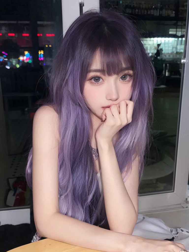 Purple long curly hair,Natural and beautiful hair,The background is simple and clean,