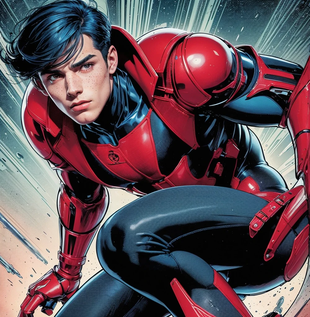 American classic comic book art: handsome ethereal young man, navy blue hair with perky, bright red robotic arms, bright red jacket, high collars, martial agility, hero bodysuit tight navy black, big butt, beautiful thighs, tight navy leggings, magenta red robotic boots, very young face, ethereal male body, nice big butt, freckles, classic comic book 