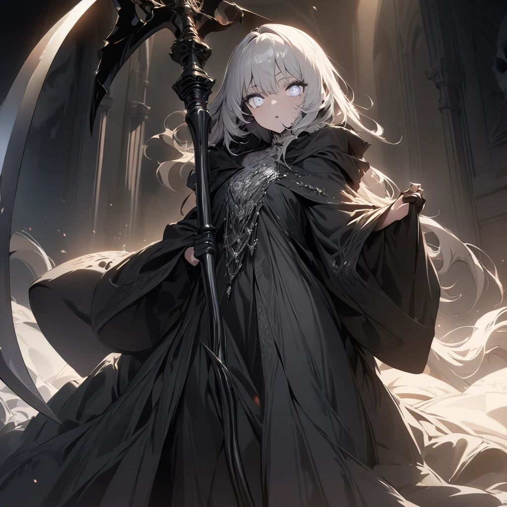 one beautiful Germans girl's Grim Reaper,teenagers,wearing robe,She's standing with a scythe,Look in here,luxury,(((masterpiece))), (((best quality))), ((ultra-detailed)), (illustration), (detailed light),((an extremely delicate and beautiful)),(beautiful detailed eyes),white eyes,Skull mask only at the mouth