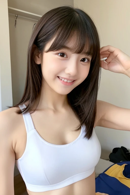 (((Highest quality))) ((masterpiece)) ((Real beautiful girl)) 16 talented beautiful girls (Cute face) clear (()) Short spats Sports Bra (Slim figure) (whole body) he is short smile Creating Bangs