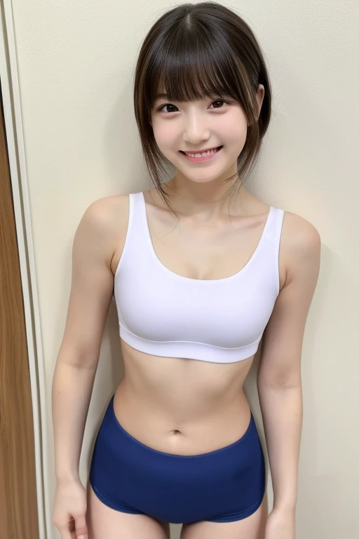 (((Highest quality)))　((masterpiece))　((Real beautiful girl))　16 talented beautiful girls　(Cute face)　clear　((Baby Face))　Short spats　Sports Bra　(Slim figure)　(whole body)　he is short　smile　Creating Bangs