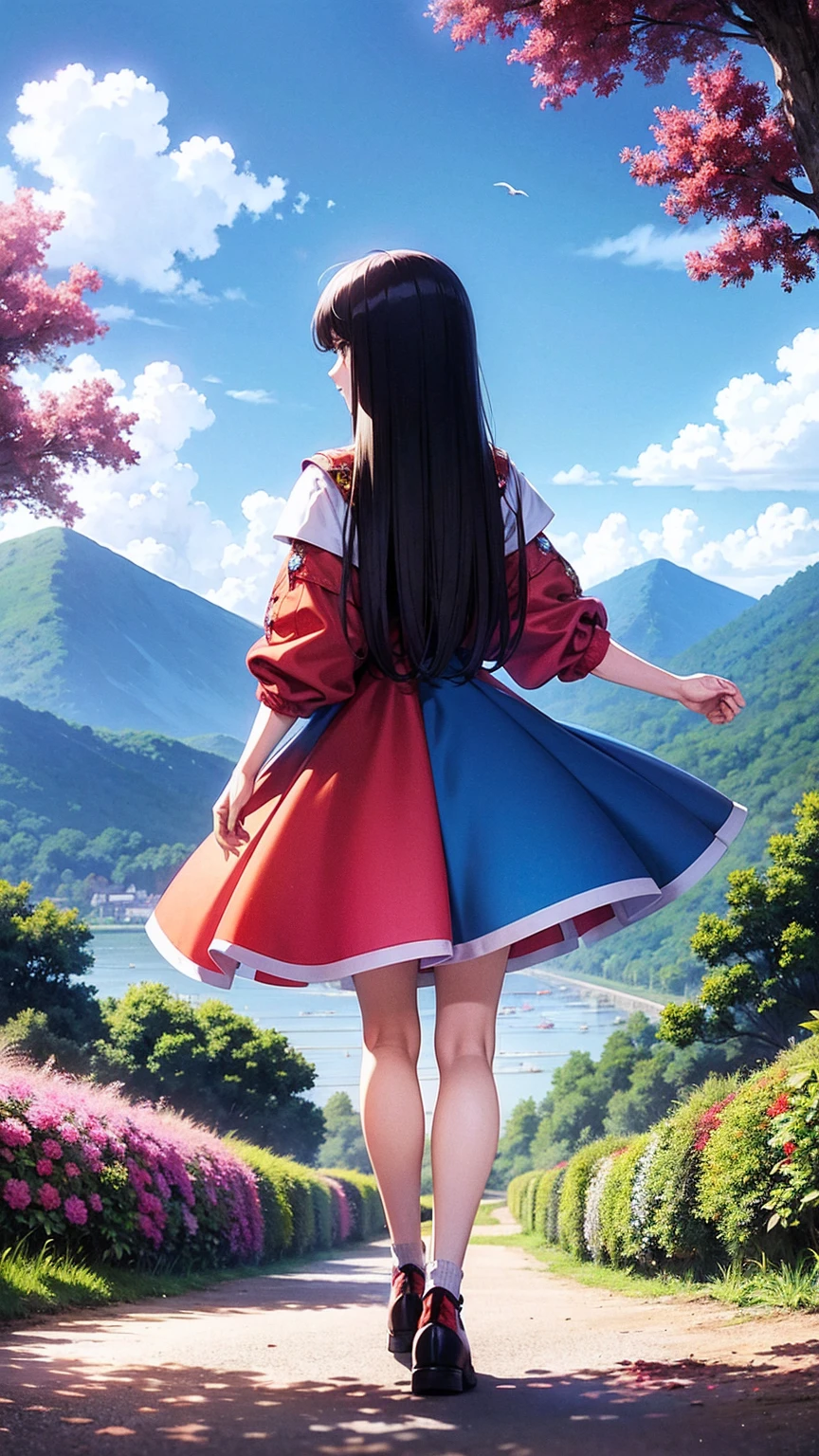 anime-style illustration, a young woman standing on a footpath in hills overlooks the vast expanse of clear blue sky and underneath a large mountain with flower colorful color blue red green purple yellow and fantasy world medieval mega-building, rocks, tree branches, fallen leaves, birds, The scene is depicted in a highly saturated and vibrant style, intense and rich colors vivid, rendered with strong exaggerated colors, The sky above is clear blue sky, The atmosphere is full of magical color films, High Detail.