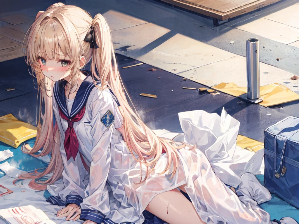 The whole body is covered in oilで光沢感がある　A large amount of rolled up tissue paper,　 There are lots of crumpled, dirty tissues on the ground,　Excessive sweat on the face,Sweat dripping down,Sitting on a dirty bed,　Dirty futon with golden yellow stains　Dirty old gym mat ,Gymnasium Warehouse,　Lots of rolled up tissue paper on the floor ,　Garbage is scattered everywhere,　Very dirty gym mat, 　 Messy room,　Scared　I am going to cry　Embarrassing　Dimly lit room　Hardwood Floors　Scattered rolled tissue paper　Upper body sailor suit, Lower body skirt swimsuit　Inner swimwear　high school student　Illustration Style　Anime Style　Small lips　Frightened face　Baby Face　beautiful girl　Very cute clothes　Cheeks pink　Long twin tails　Blonde long hair　super curly hair　Super long sideburns　Rubber clothing　hair band　Wet and see-through pearl white silk tights　White super long boots　Big eyes　Droopy eyes　Stern expression　Shocking Pink Rouge　Sweating profusely　　Crushed tissue paper　The whole body is wet from rain　Mucus clings to the whole body　Steam is emitted from the whole body　Steam rising across the screen.　White Breath　Sigh　The whole body is covered in oil　evening　Sunset sunshine